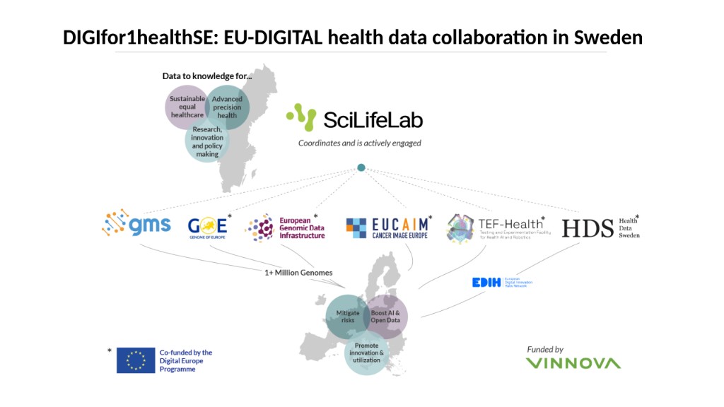 DIGIfor1healthSE: EU-DIGITAL health data collaboration in Sweden — SciLifeLab coordination, partner initiatives (GMS, GDI, EUCAIM, TEF-Health, HDS), and European context.
